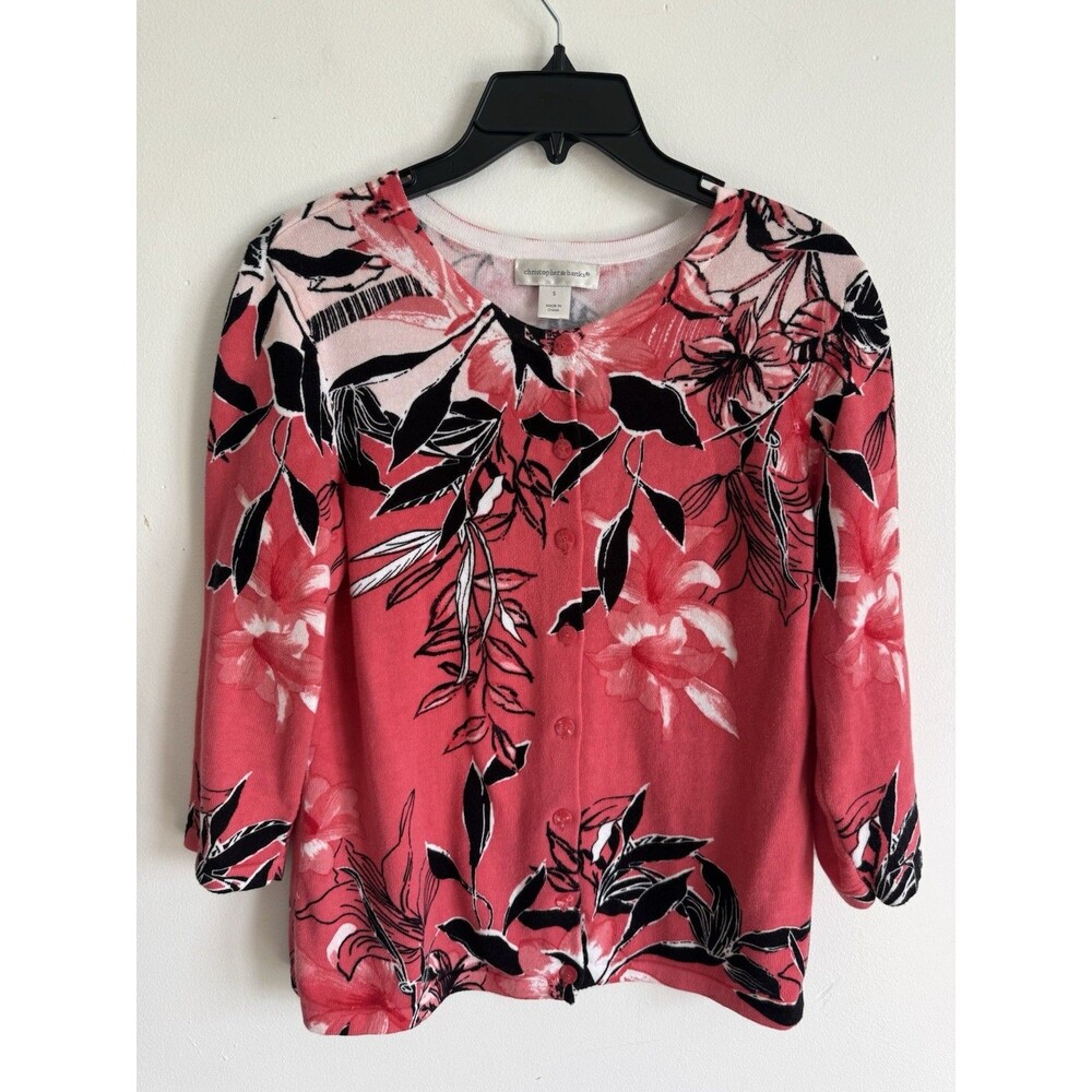Christopher & Banks Floral Cardigan Sweater Womens Small Pink Black White
